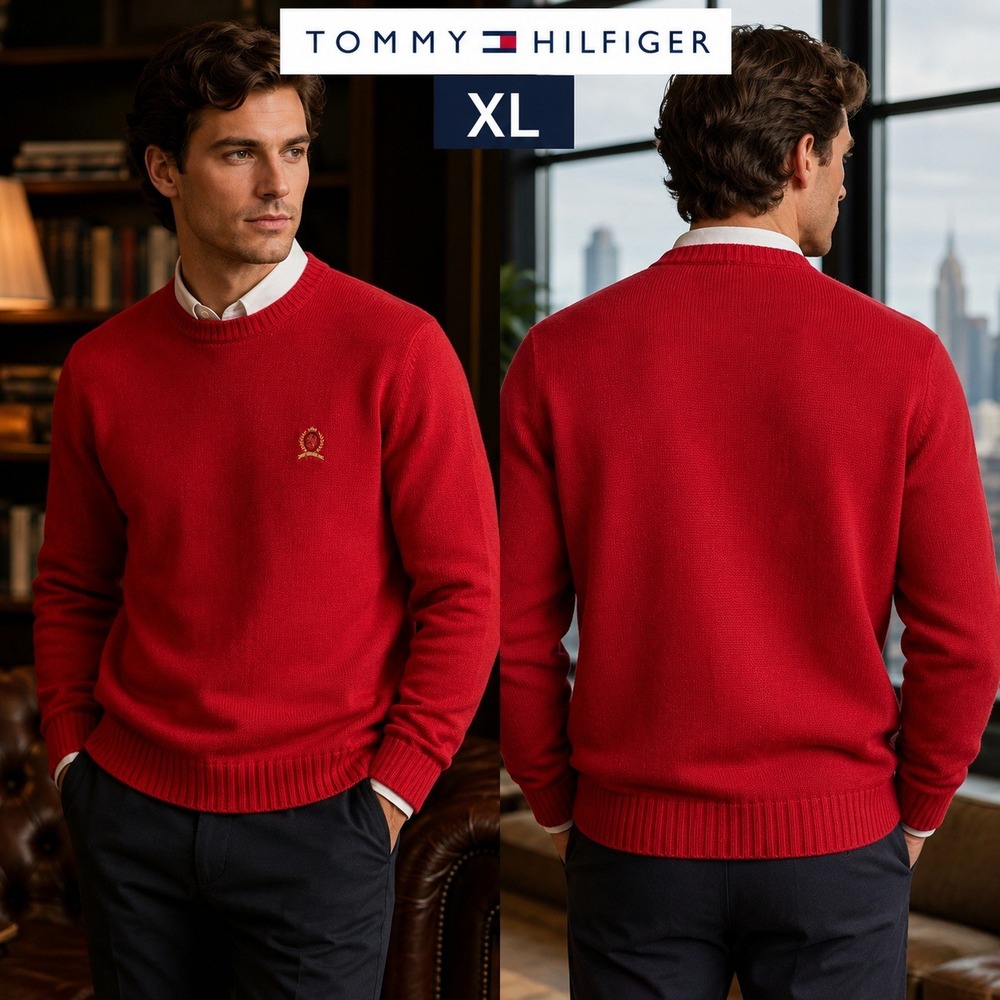 Tommy Hilfiger Mens Red Cotton Knit Crewneck Sweater XL Embroidered Crest Logo